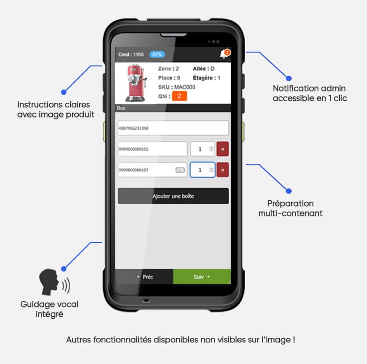 PDA de picking avec guidage vocal intégré pour la préparation de commandes